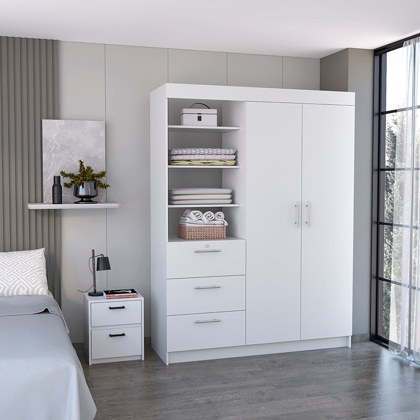Karval 2-Piece Bedroom Set - White Armoire and Nightstand