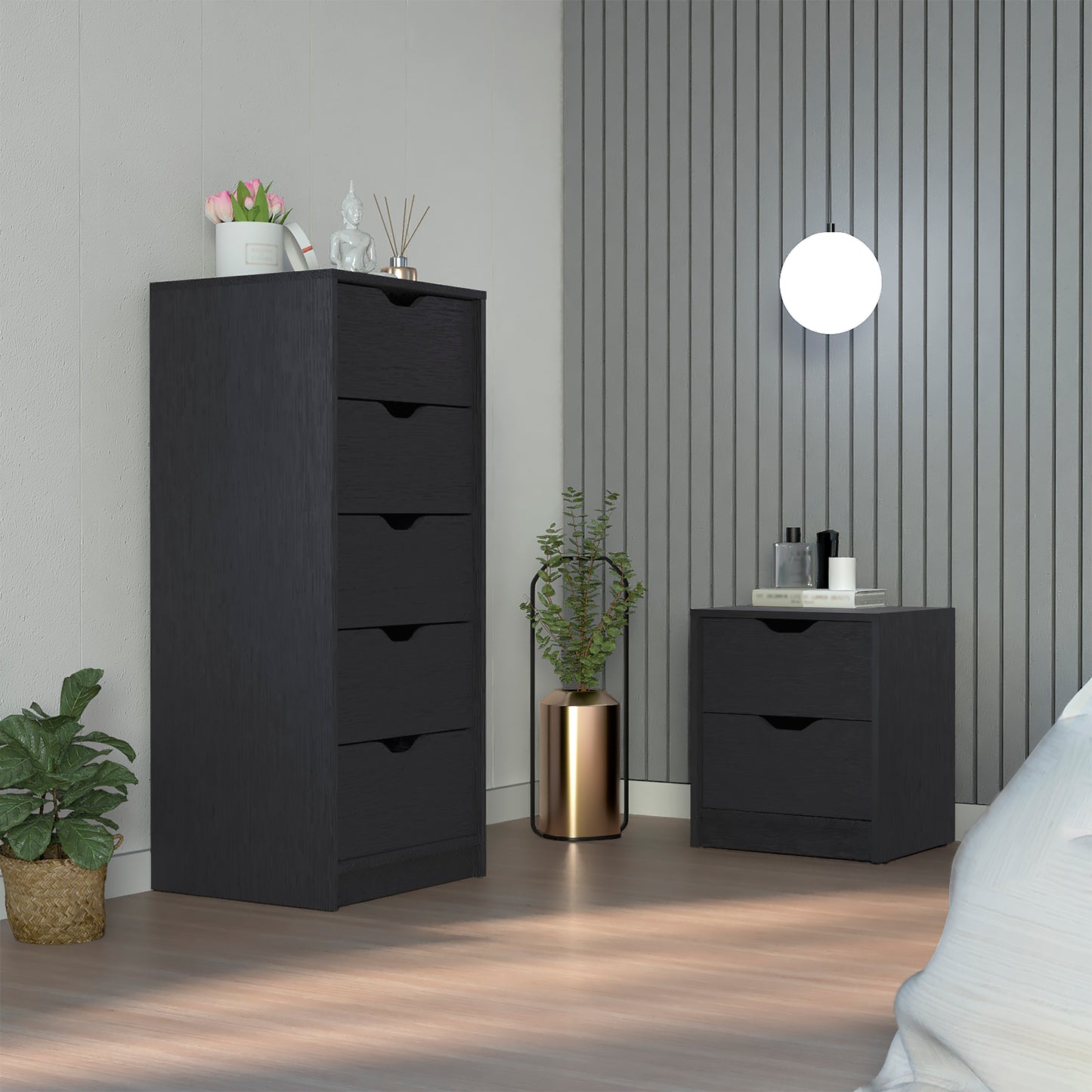 Raymer Black Dresser and Nightstand